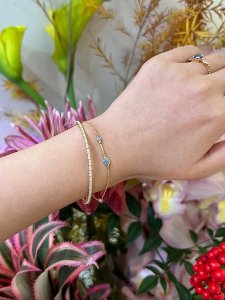 Opal Dot Bracelet 18k gold stackable design on model