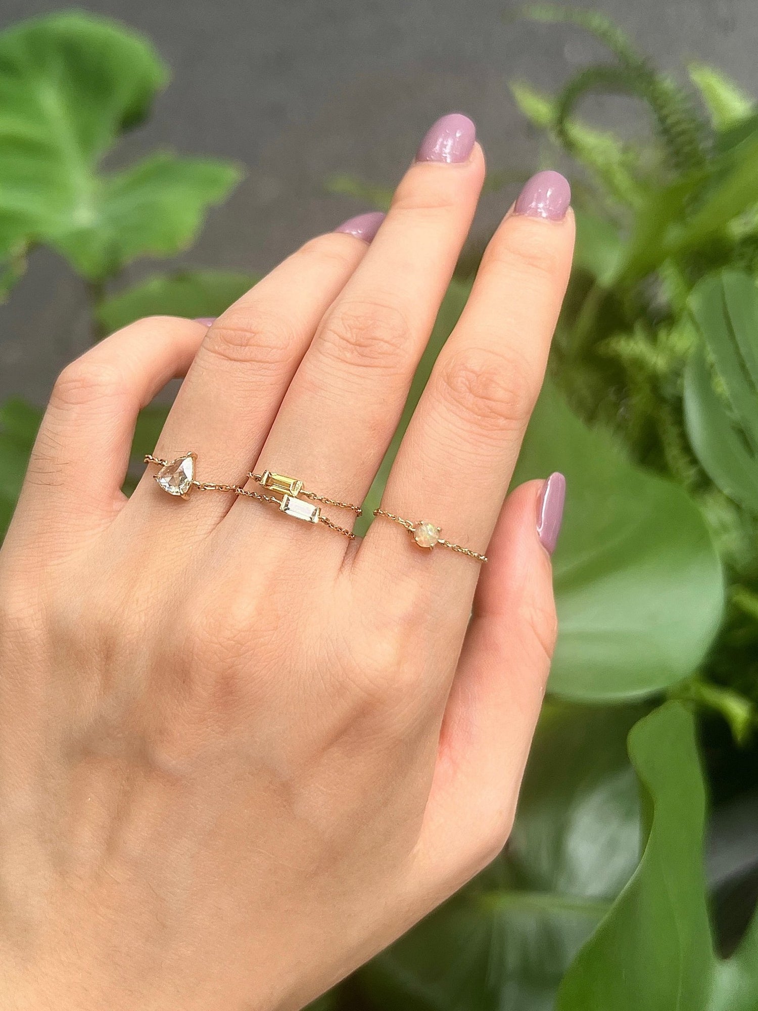 Opal Dot Chain Ring 14k gold Stackable ring on model