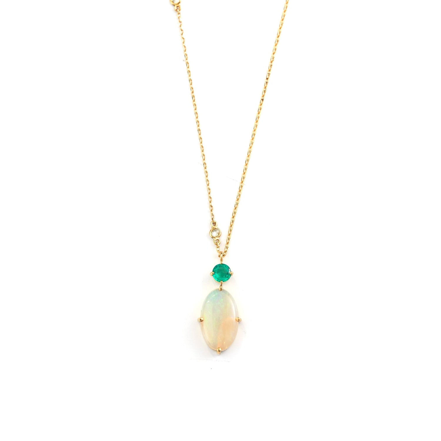 Opal, Emerald & Diamond Necklace 18k gold handmade fine jewelry