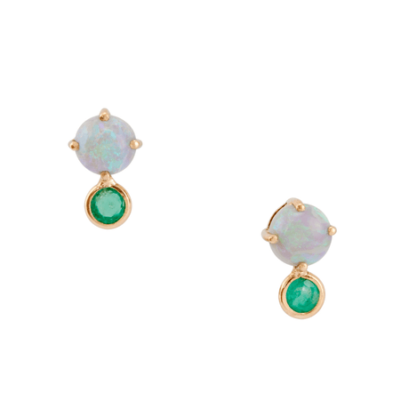 Opal & Emerald Dot Studs 18K Gold Handmade Fine Jewelry