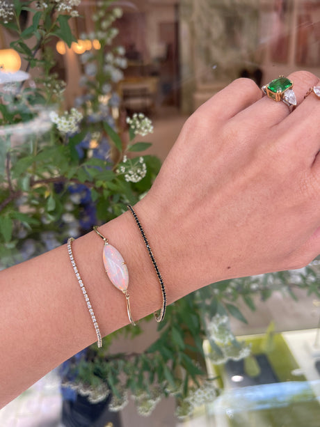 Opal Supreme Marquise Bangle 18k gold stackable design on model