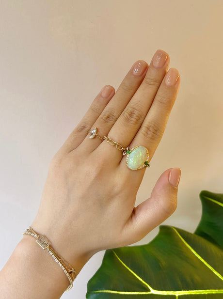 Opal & Tsavorite Gaia Ring 18k gold engagement ring on model