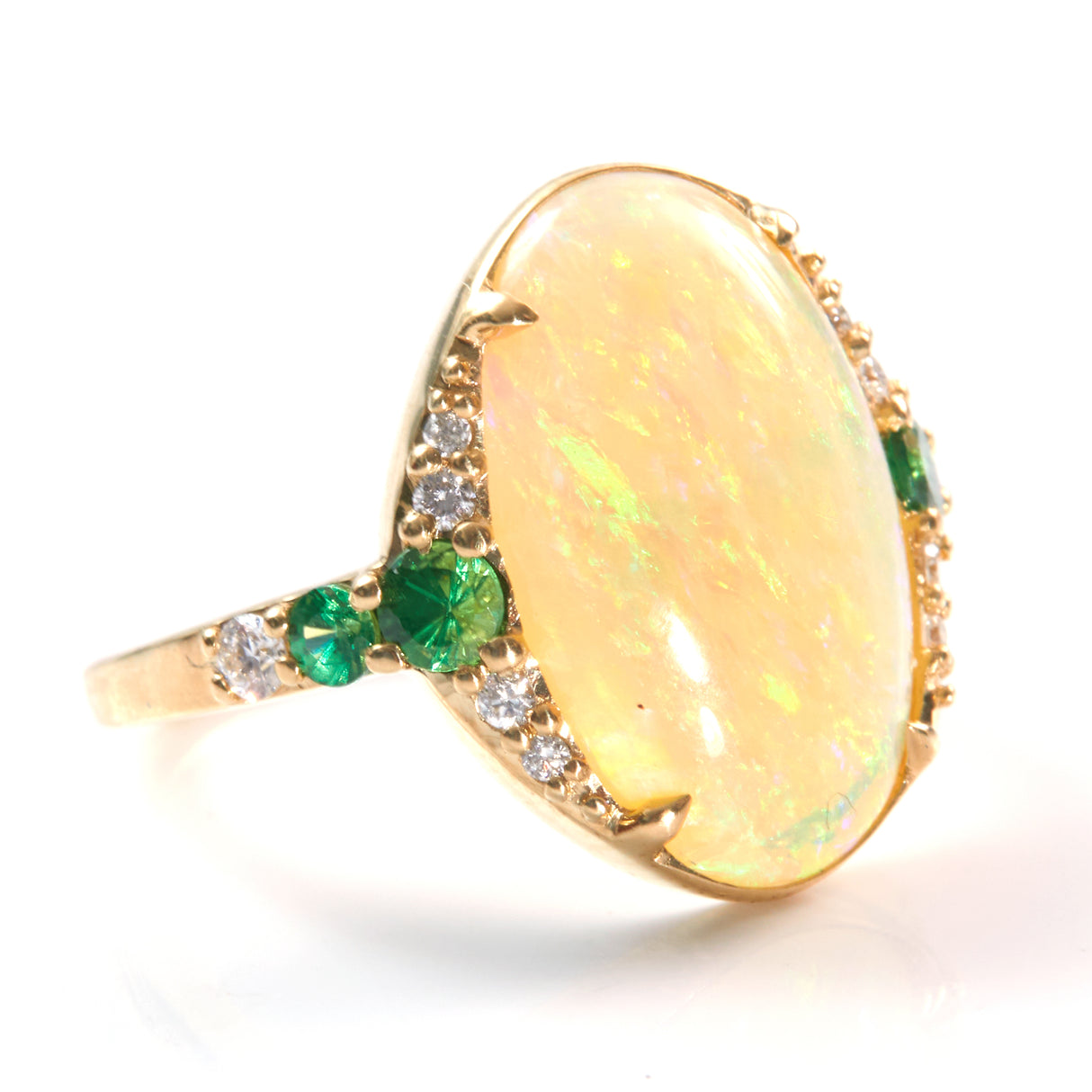 Opal & Tsavorite Gaia Ring 18k gold engagement ring side view