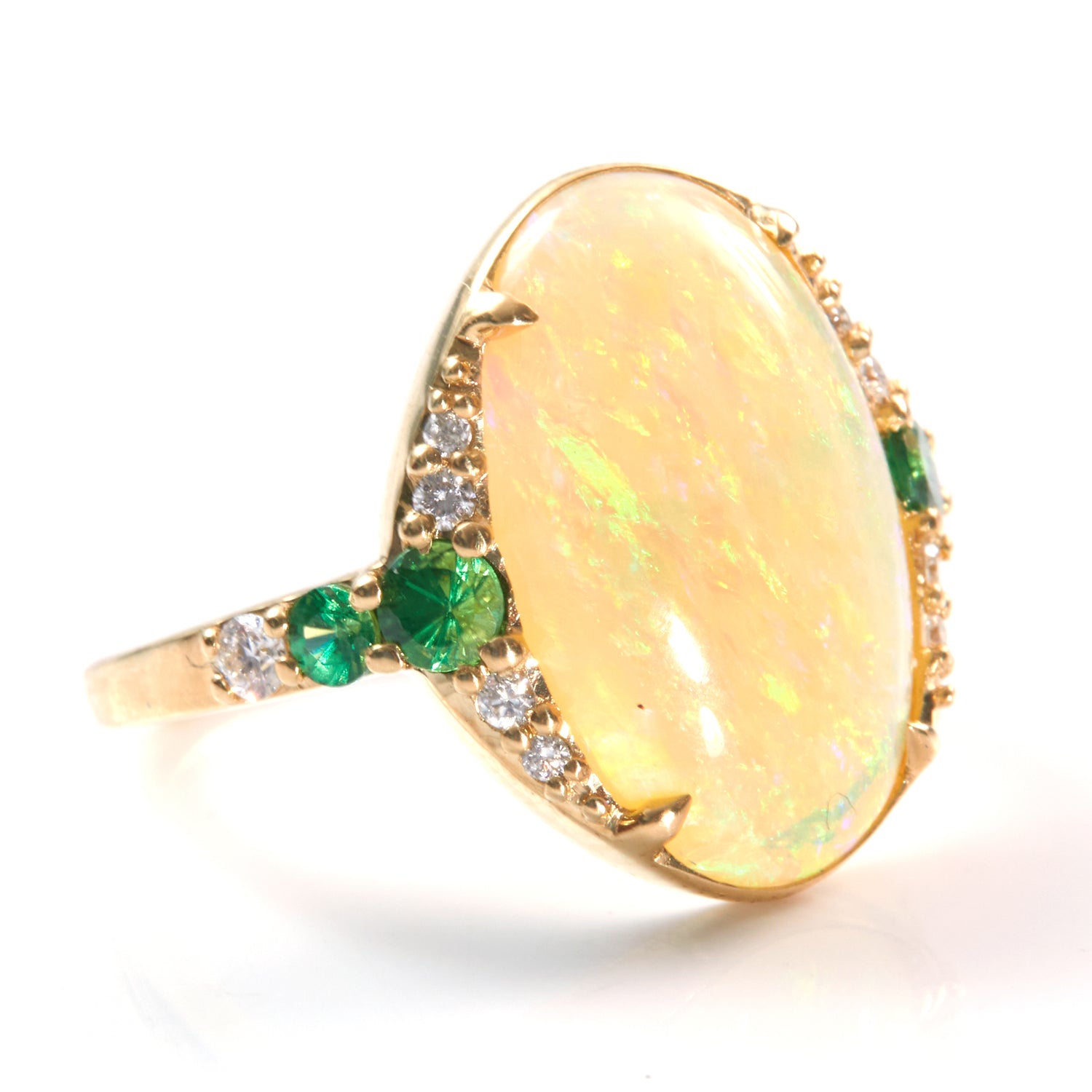 Opal & Tsavorite Gaia Ring 18k gold engagement ring side view