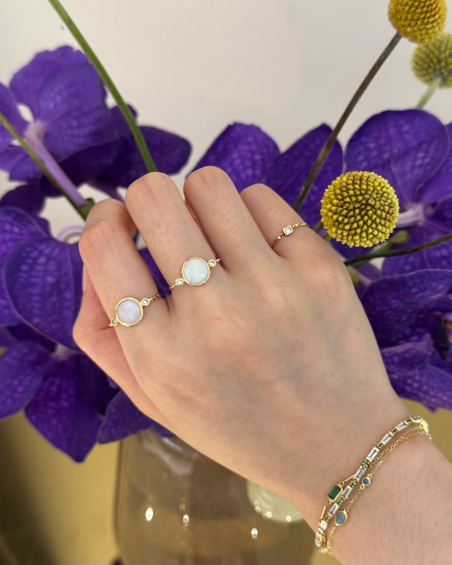 Opal_and_Diamond_Eos_Chain_Ring_18K_gold_stackable_design_on_model_2