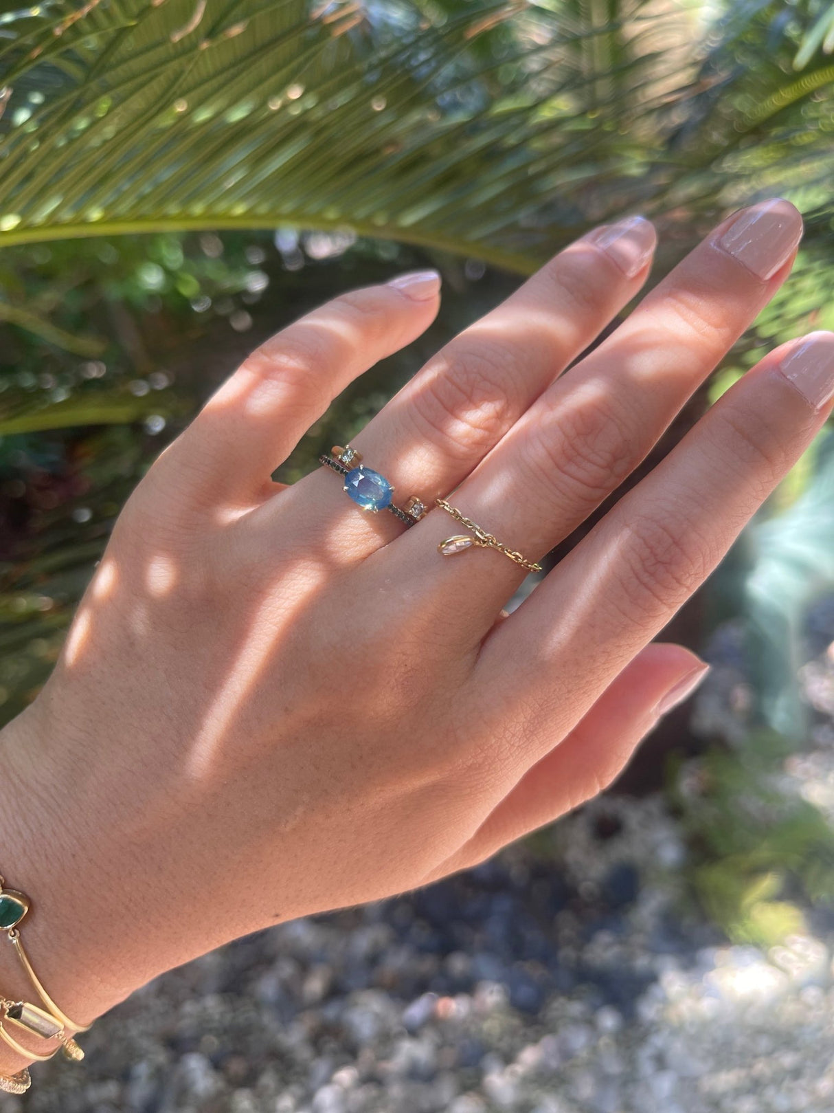 Opalescent Green Sapphire & Black Diamond Forever Ring 18k gold engagement ring on model