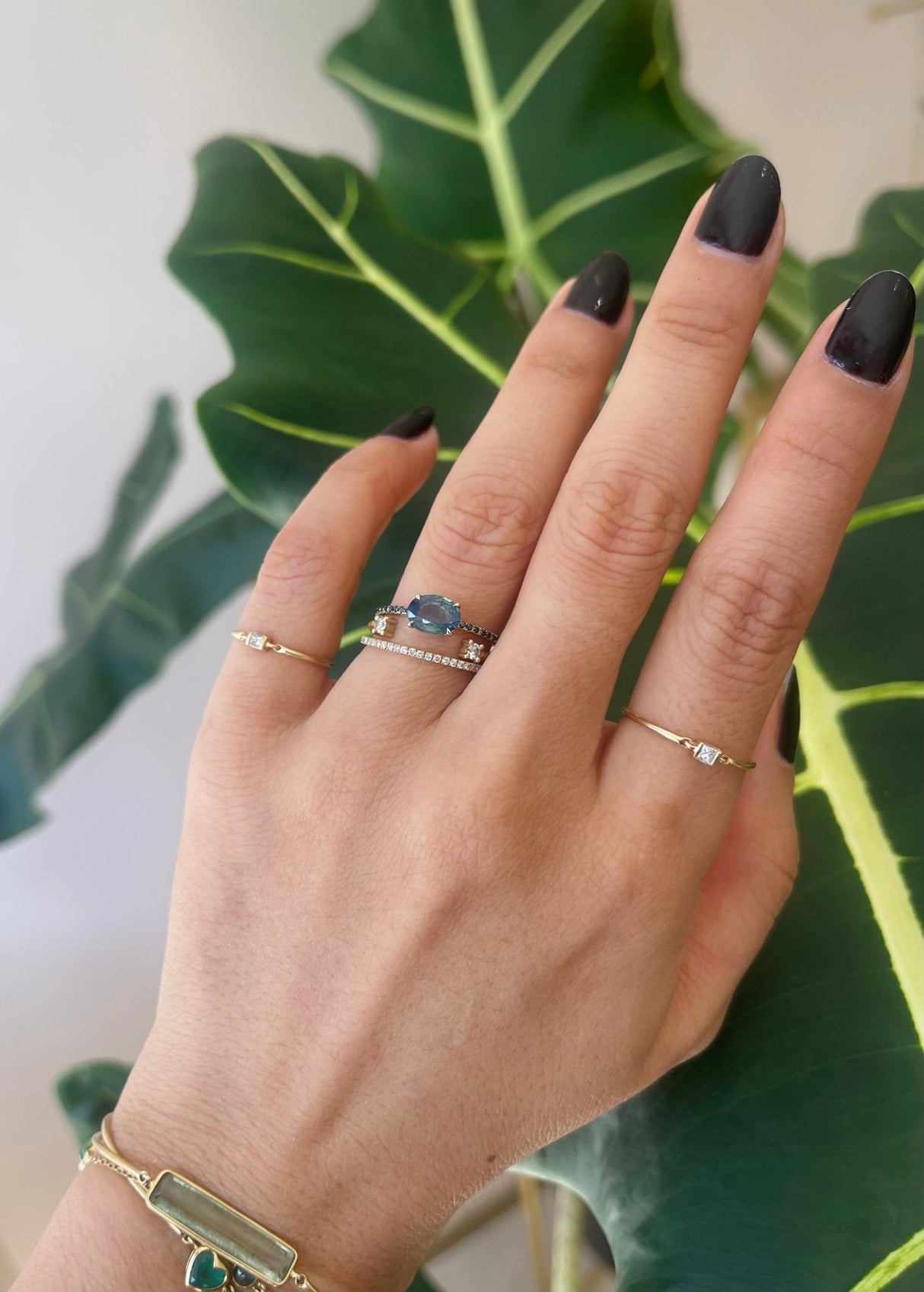 Opalescent Green Sapphire & Black Diamond Forever Ring 18k gold engagement ring on model