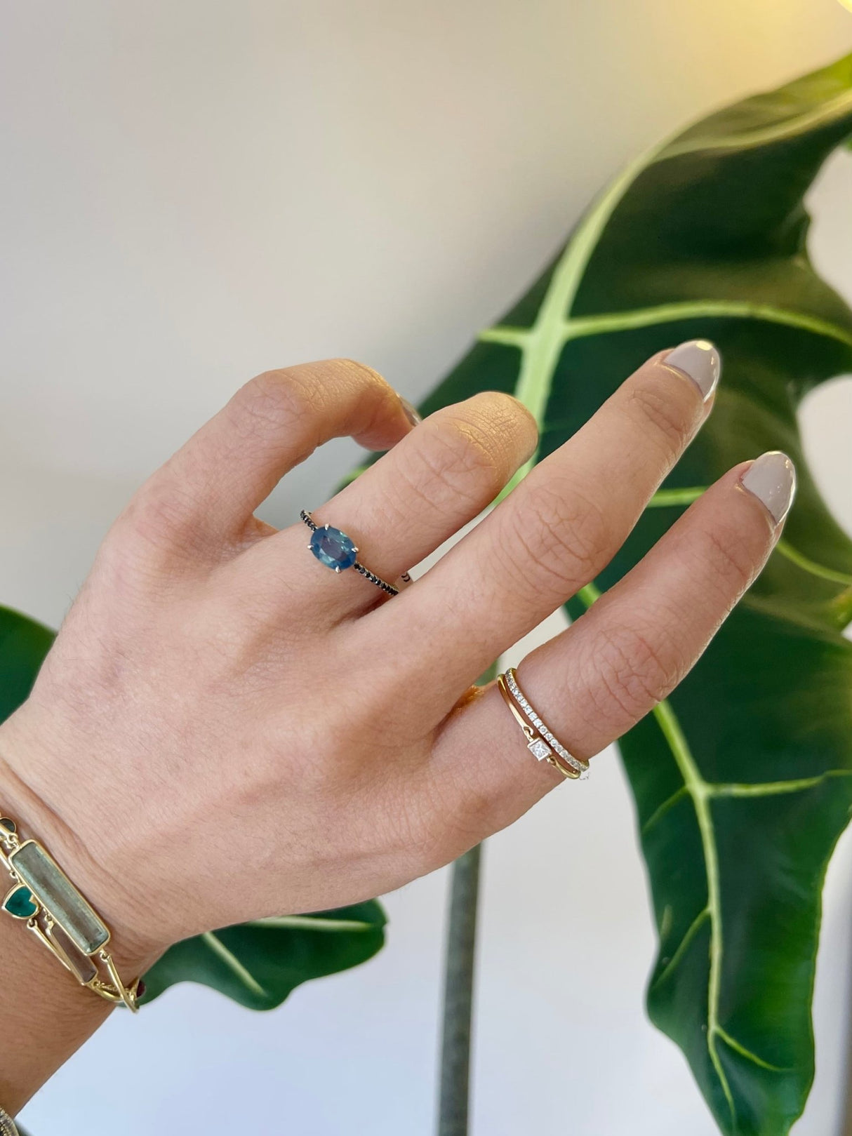 Opalescent Green Sapphire & Black Diamond Forever Ring 18k gold engagement ring on model