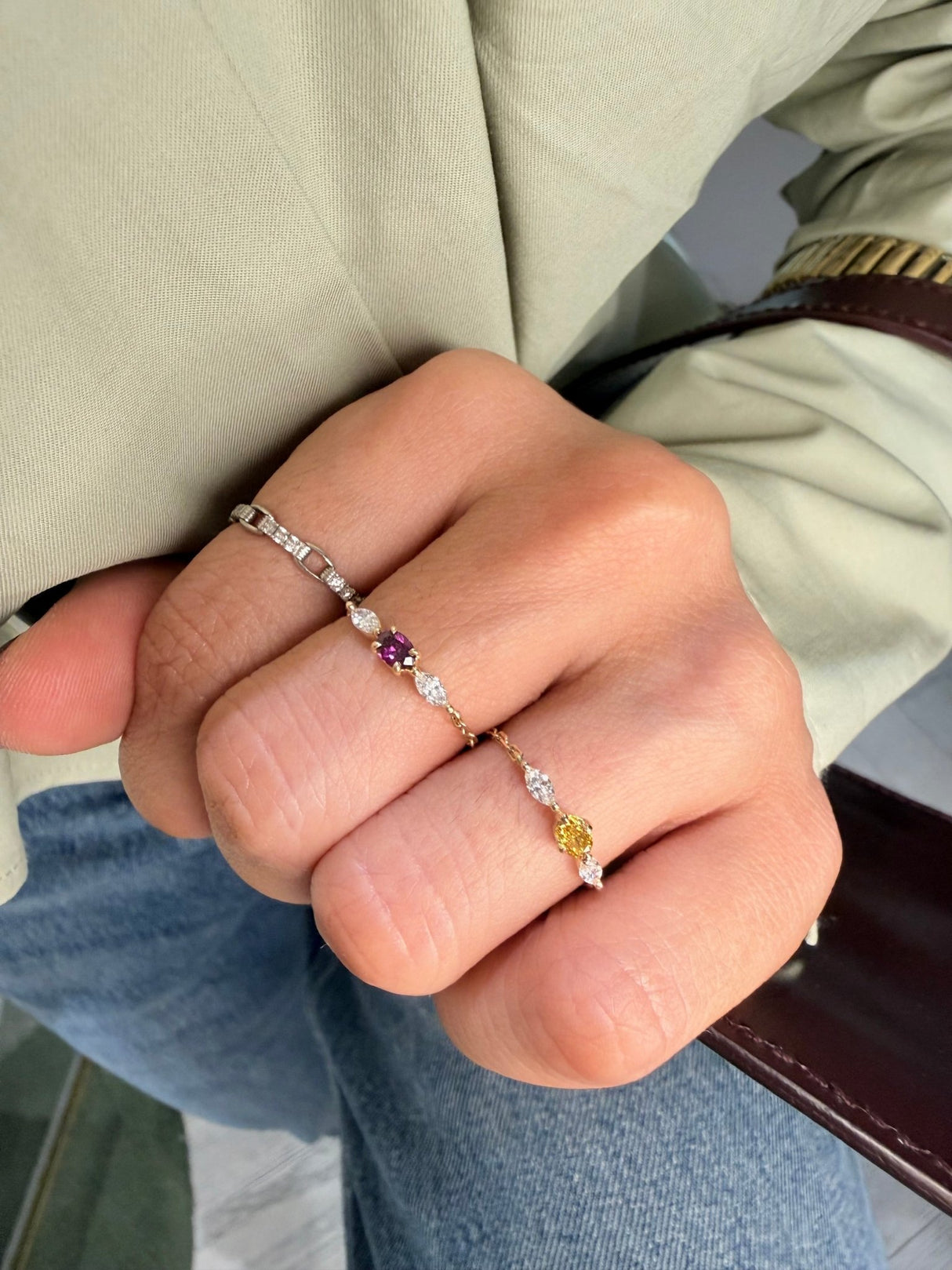 Orange Diamond Dream Weaver Chain Ring 18K Gold Stackable Ring on model 1