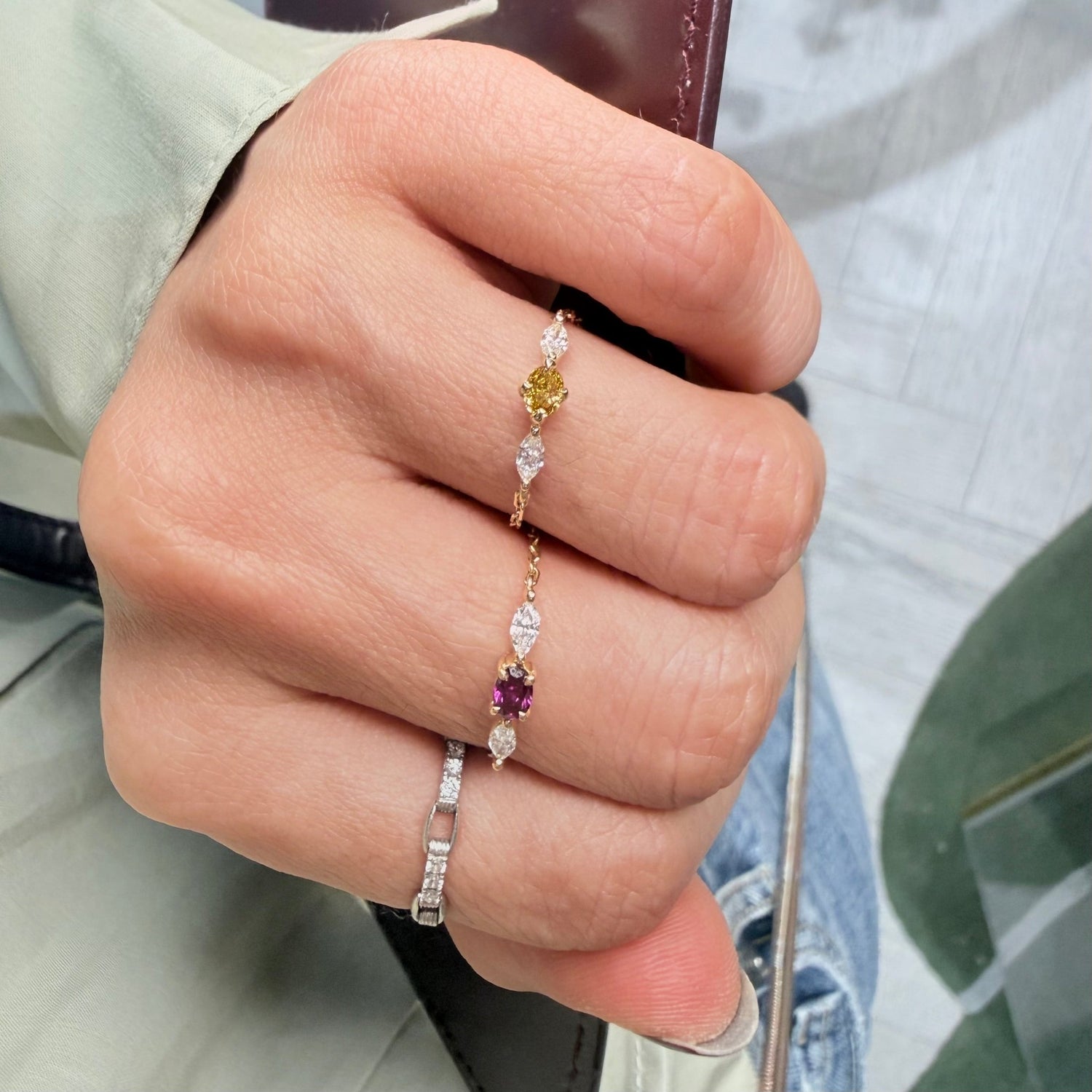 Orange Diamond Dream Weaver Chain Ring 18K Gold Stackable Ring on model 2