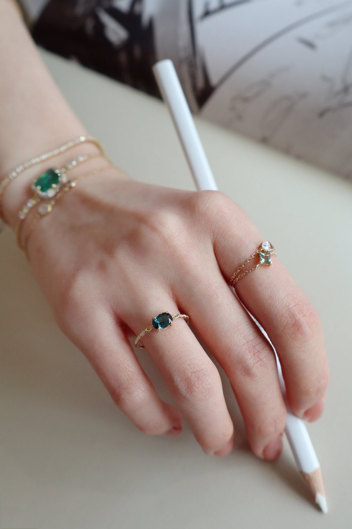 Oval Indicolite Petite Circle Diamond Ring  18K Stackable ring on model