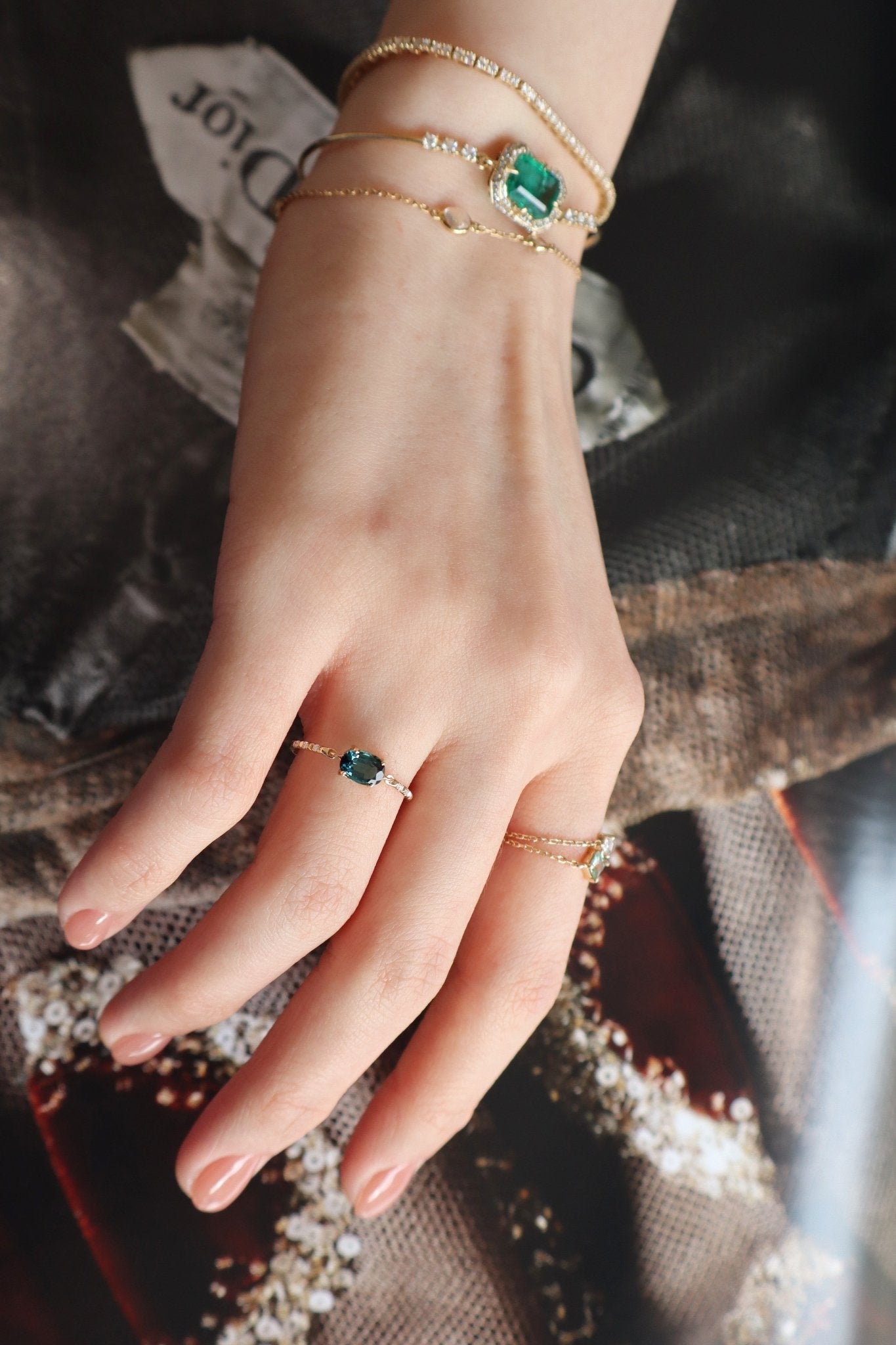 Oval Indicolite Petite Circle Diamond Ring  18K Stackable ring on model 1