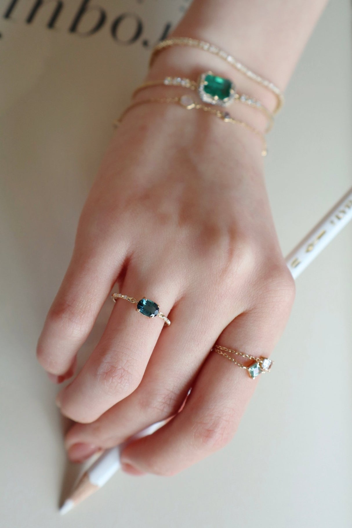Oval Indicolite Petite Circle Diamond Ring  18K Stackable ring on model 2
