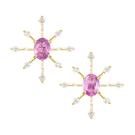 Oval Pink Sapphire & Diamond Starburst Earrings 18K gold handmade fine jewelry