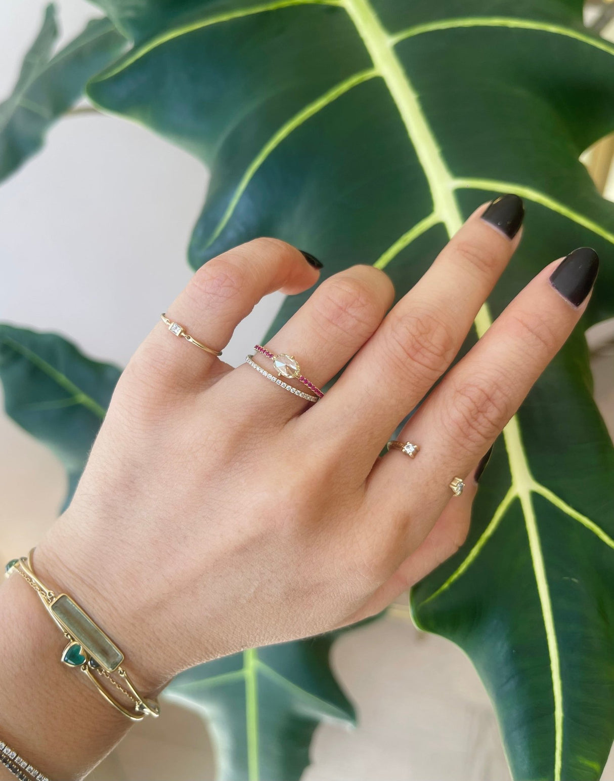 Oval Rose Cut Diamond & Ruby Disco Ring 18k gold engagement ring on model