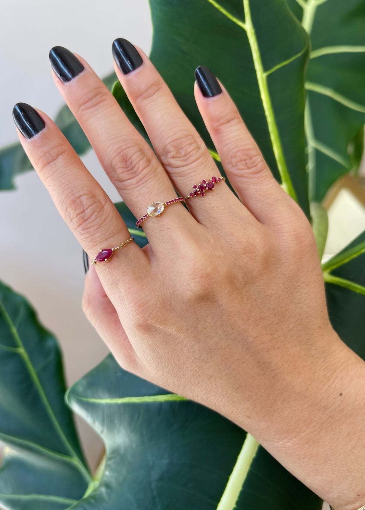 Oval Rose Cut Diamond & Ruby Disco Ring 18k gold engagement ring on model