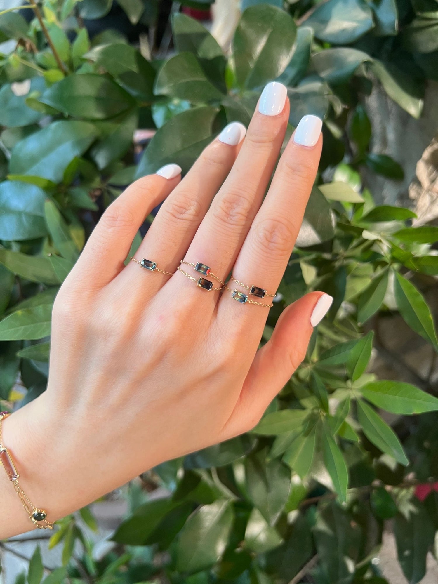 Parti Sapphire Baguette Chain Ring 14k gold Stackable ring on hand