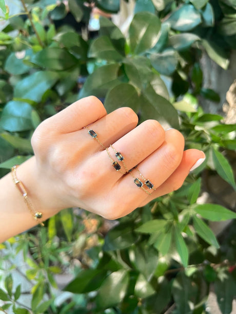 Parti Sapphire Baguette Chain Ring 14k gold Stackable ring on model