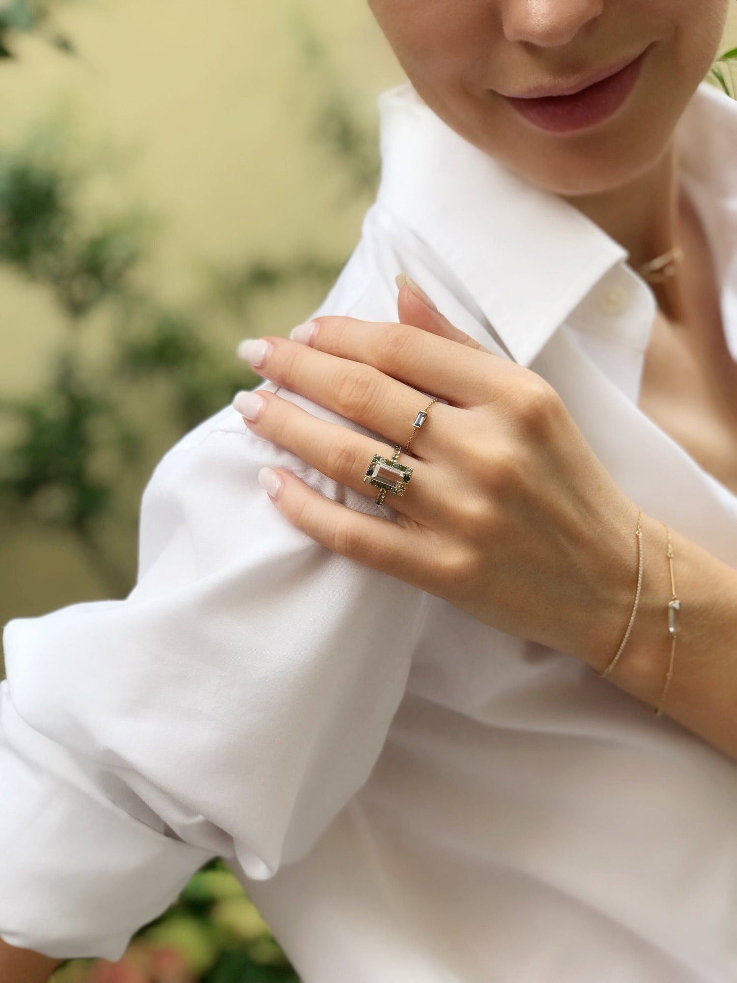 Peach Tourmaline Candy Ring 18k gold stackable ring on model