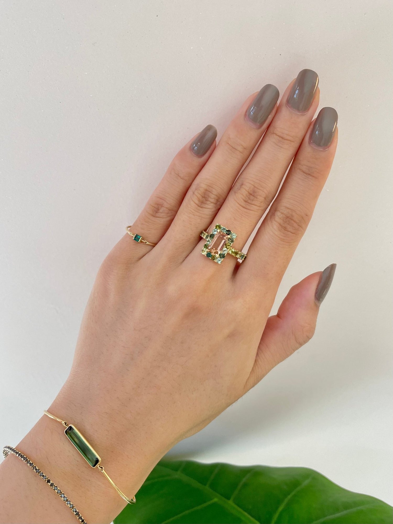 Peach Tourmaline Candy Ring 18k gold stackable ring on model 3