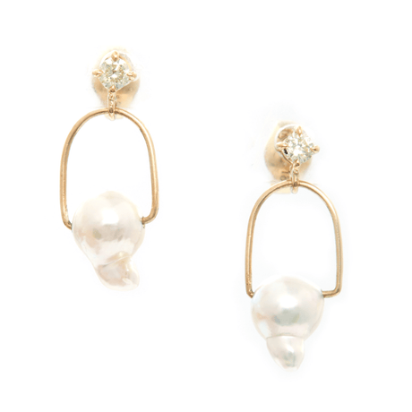 Pearl And Diamond Spike Earrings 18K Gold Handmade Fine Jewelry