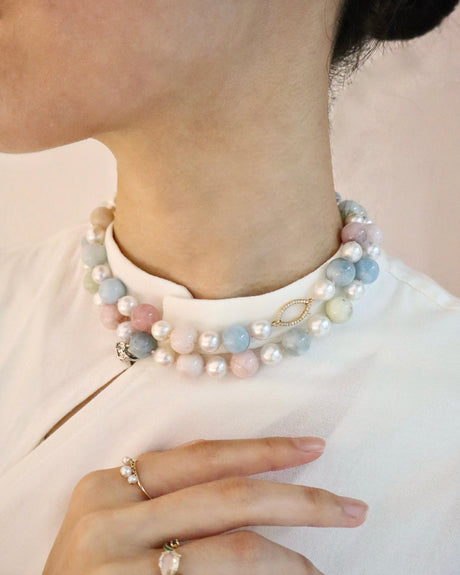 Pearl & Beryl Candy Necklace 18K gold handmade fine jewelry on model
