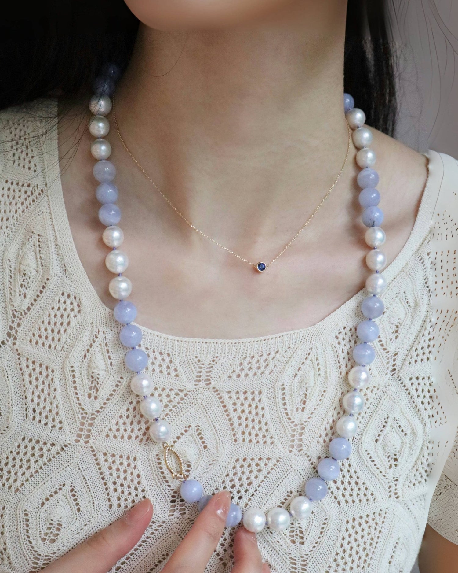 Pearl & Chalcedony Fisheye Closure Necklace 18K gold handmade fine jewelry on model