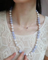 Pearl & Chalcedony Fisheye Closure Necklace 18K gold handmade fine jewelry on model