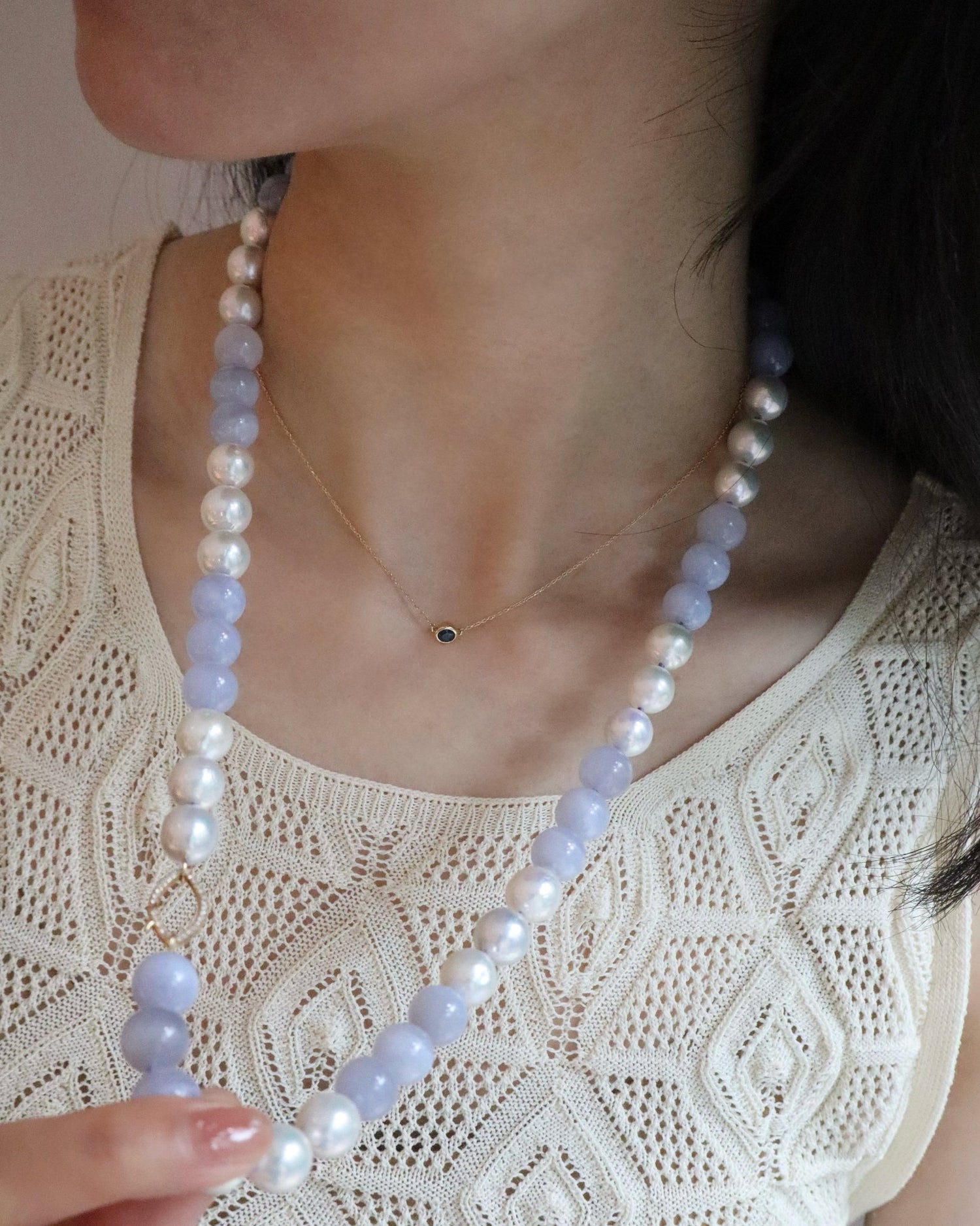Pearl & Chalcedony Fisheye Closure Necklace 18K gold handmade fine jewelry on model 1
