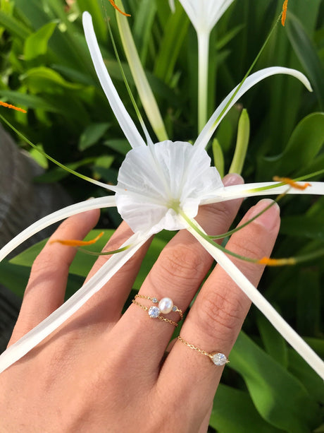 Pearl & Diamond Chain Ring 14k gold Stackable ring on model