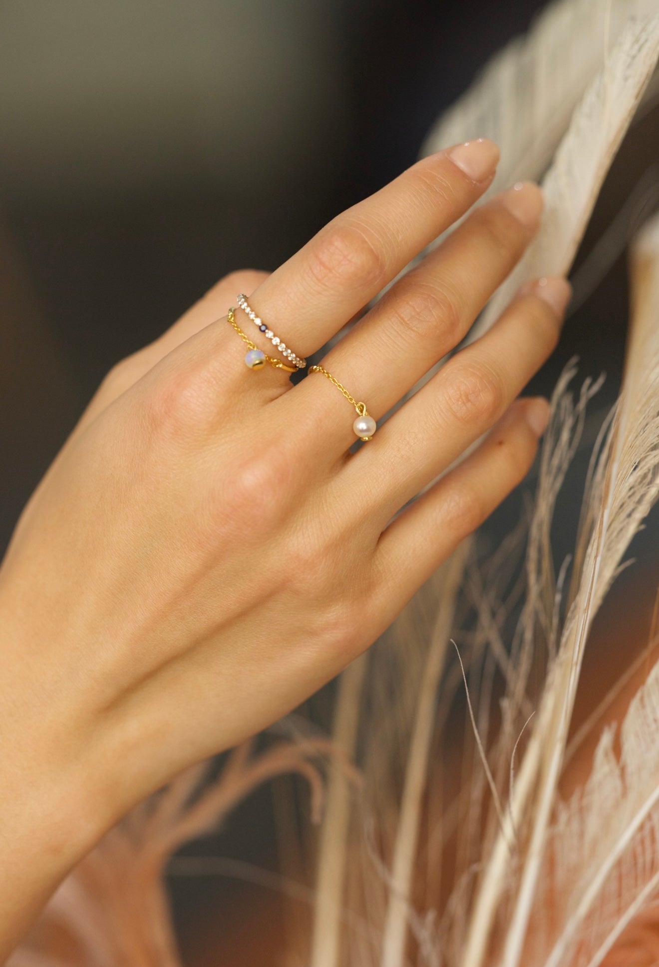 Pearl Half Chain Ring 14k gold Stackable ring on model