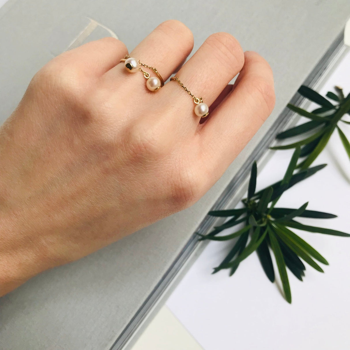 Pearl Half Chain Ring 14k gold Stackable ring on model