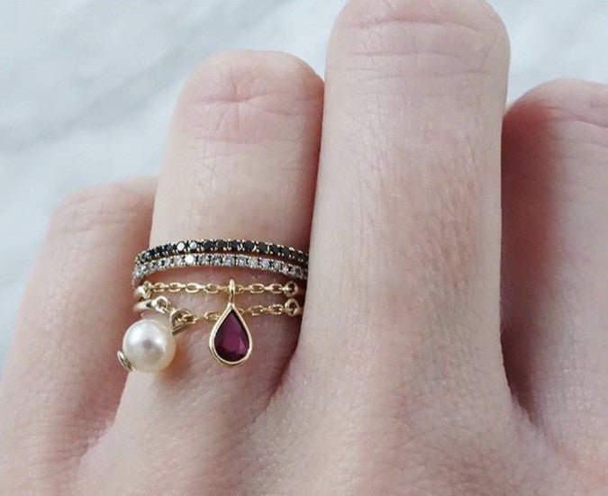 Pearl Half Chain Ring 14k gold Stackable ring on model