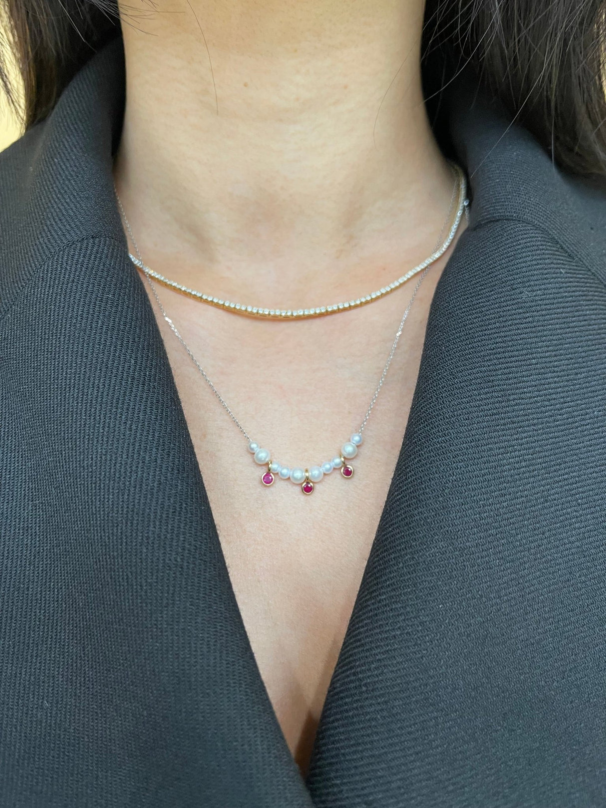 Pearl & Ruby Anastasia Necklace 18k gold handmade fine jewelry on model