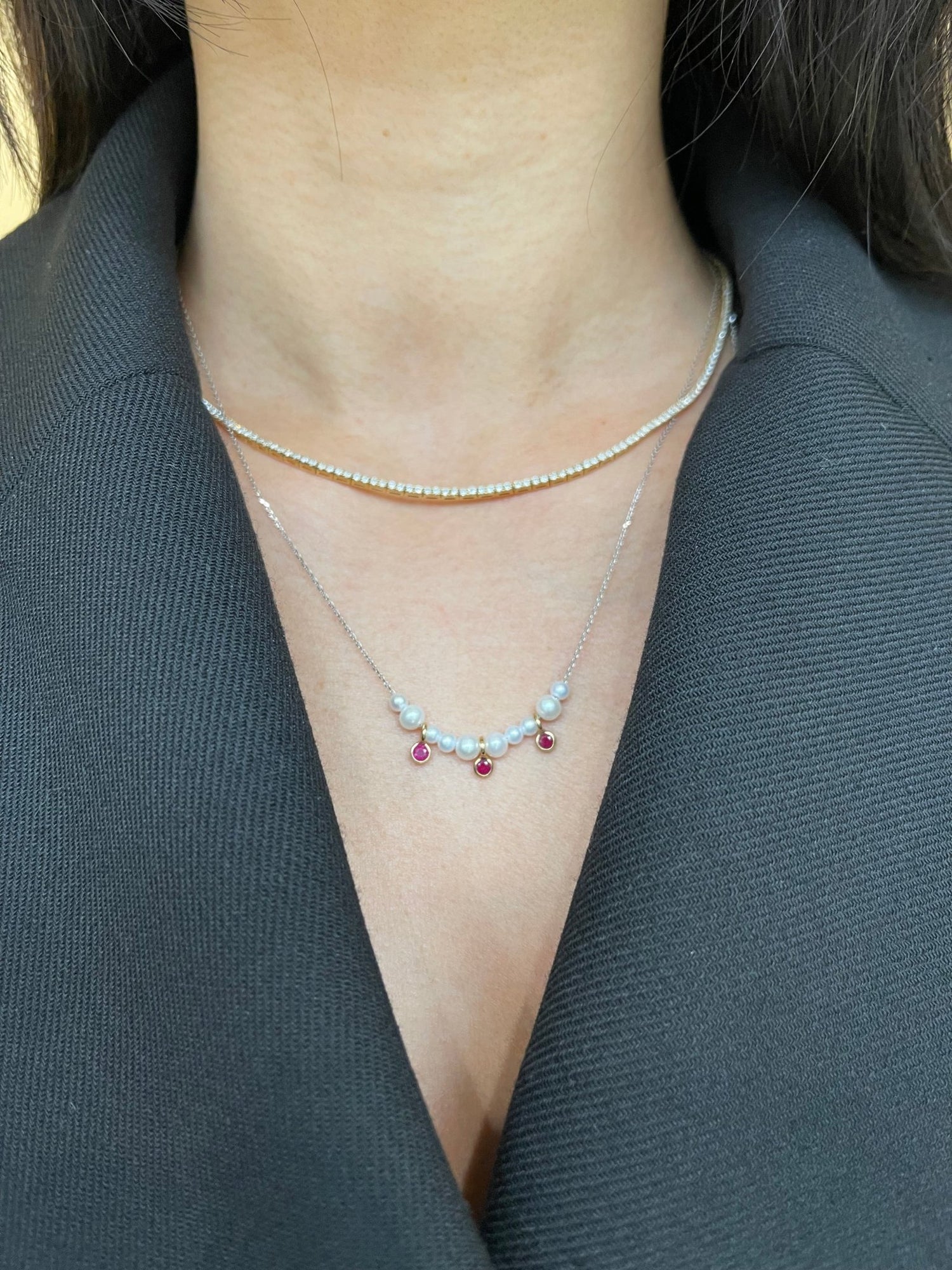 Pearl & Ruby Anastasia Necklace 18k gold handmade fine jewelry on model