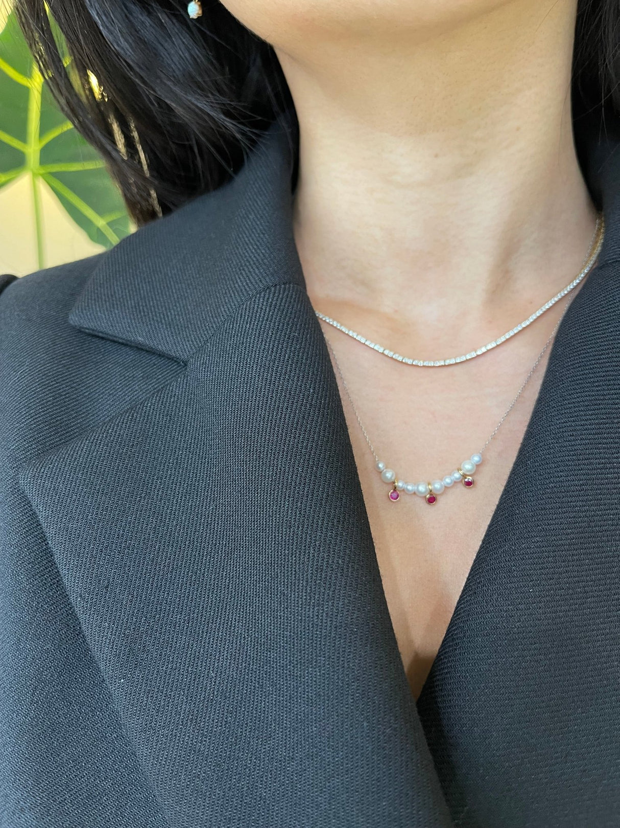 Pearl & Ruby Anastasia Necklace 18k gold handmade fine jewelry on model 2