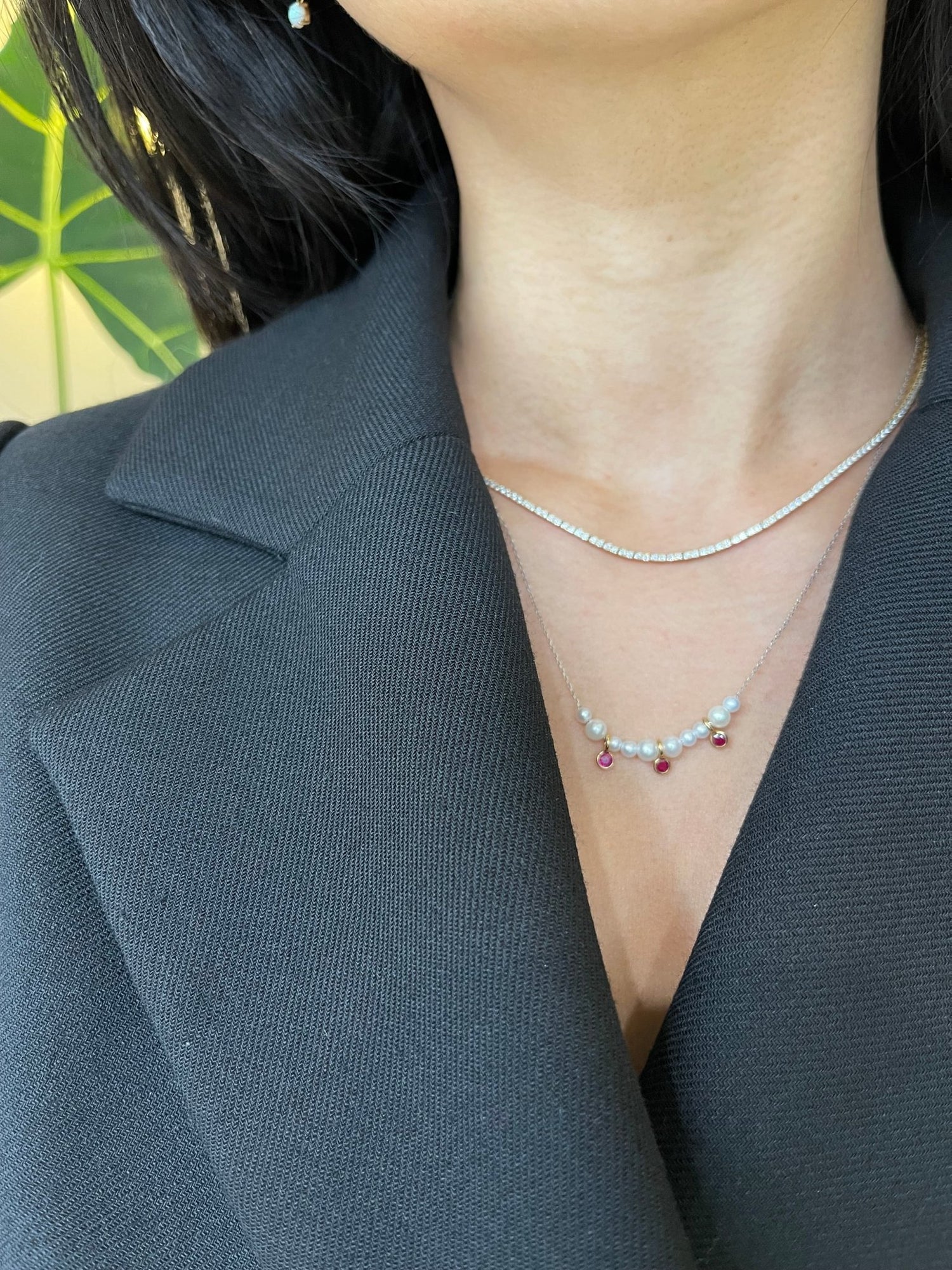 Pearl & Ruby Anastasia Necklace 18k gold handmade fine jewelry on model 2