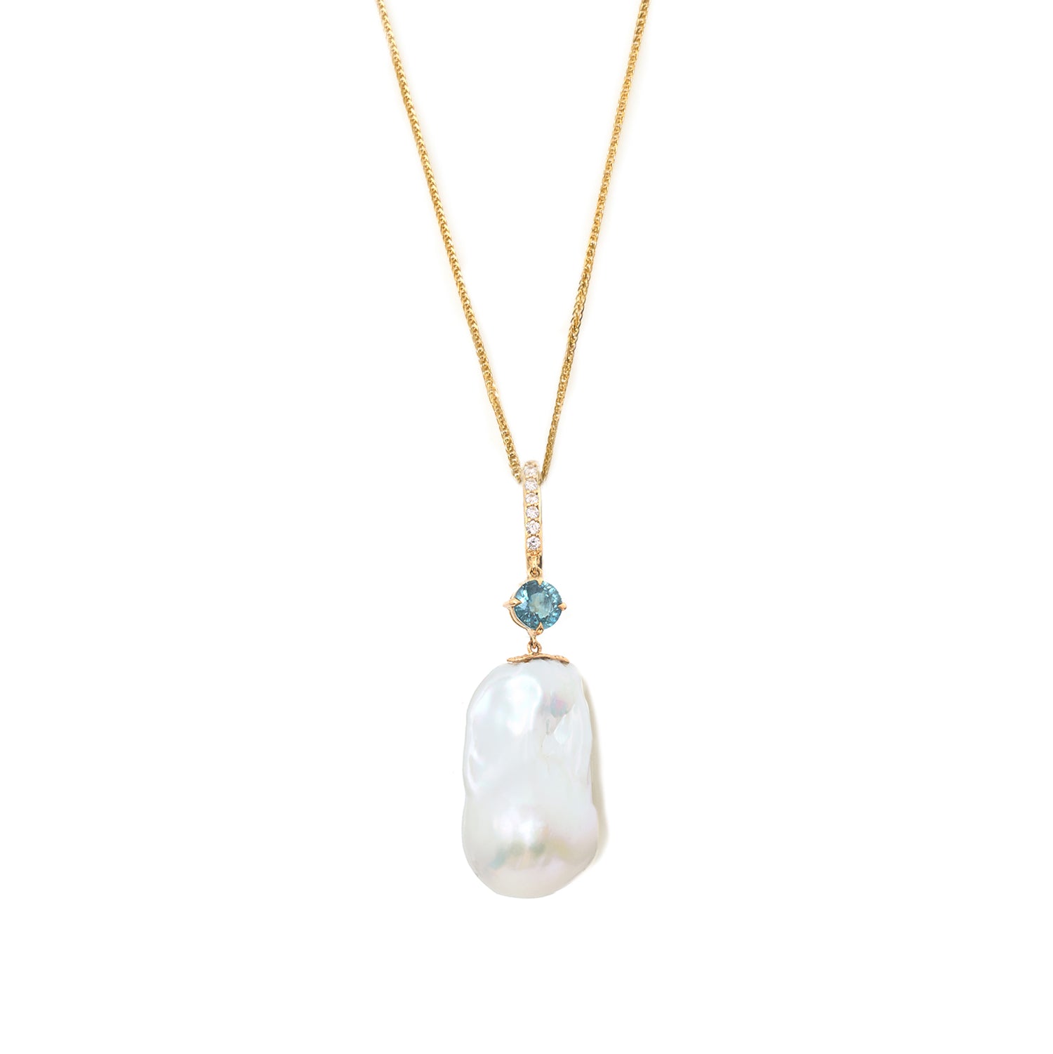 Pearl & Teal Sapphire Pendant 18k gold handmade fine jewelry