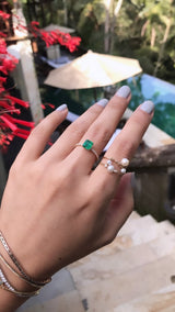 Pearl Triplet Ring 14k gold stackable ring on model 2