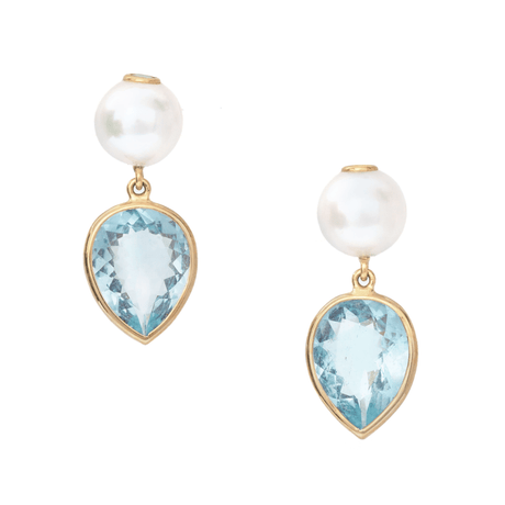 Pearl and Aquamarine Neptune Earrings 18K Gold Handmade Fine Jewelry