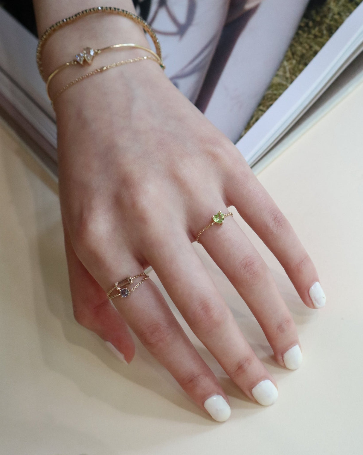 Peridot Heart Chain Ring 18K Stackable ring on model 1