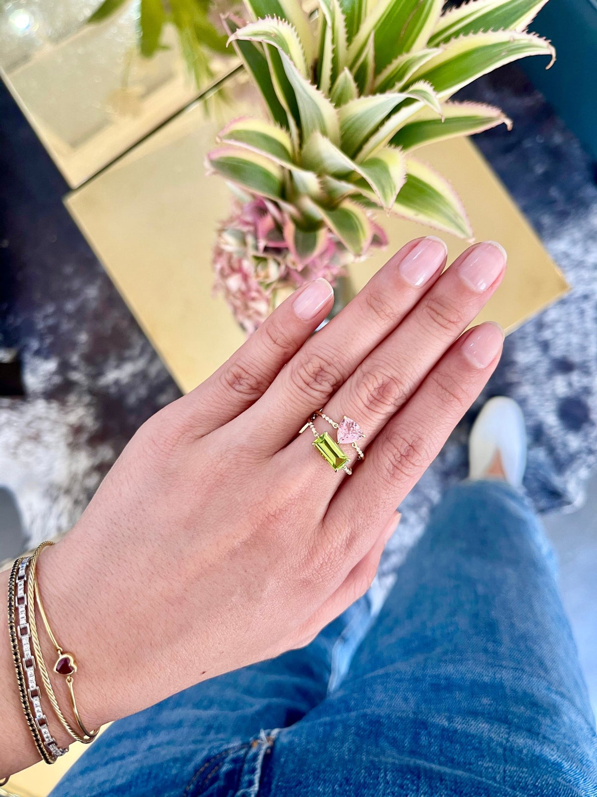 Peridot Petite Diamond Circle Ring 18k gold stackable ring on model