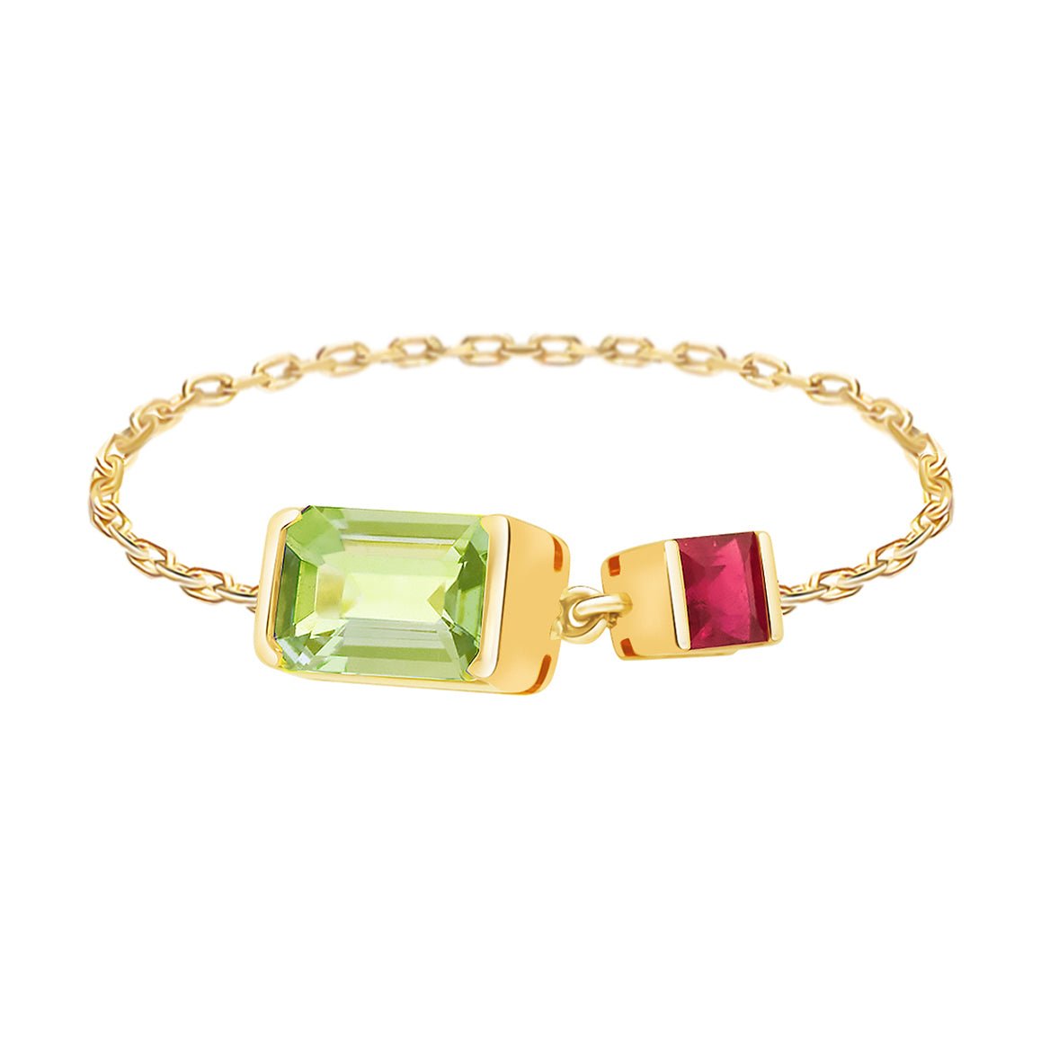 Peridot & Ruby Chain Ring 18k gold Stackable ring