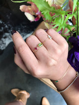Peridot & Ruby Chain Ring 18k gold Stackable ring on model