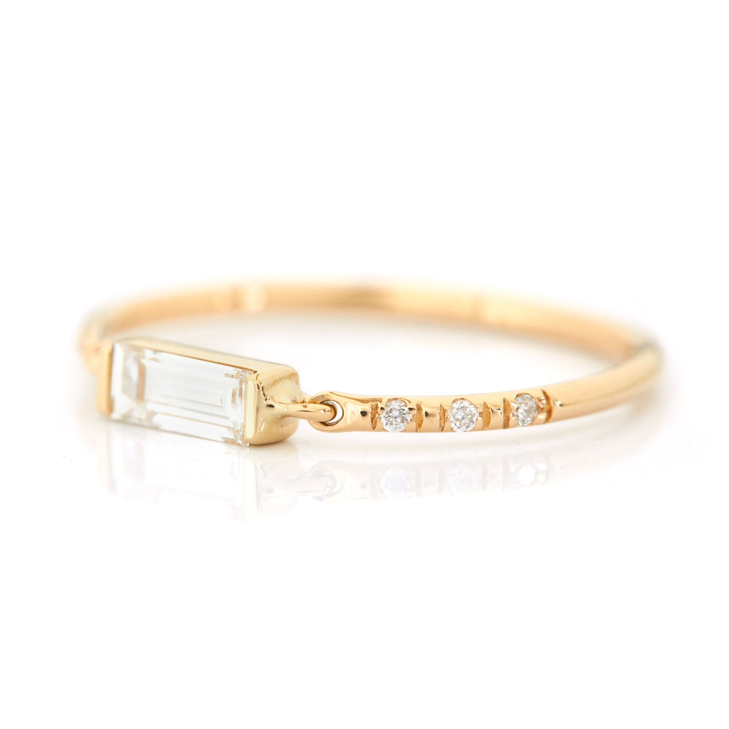 Petite Circle Diamond Baguette Ring 18k gold stackable ring side view