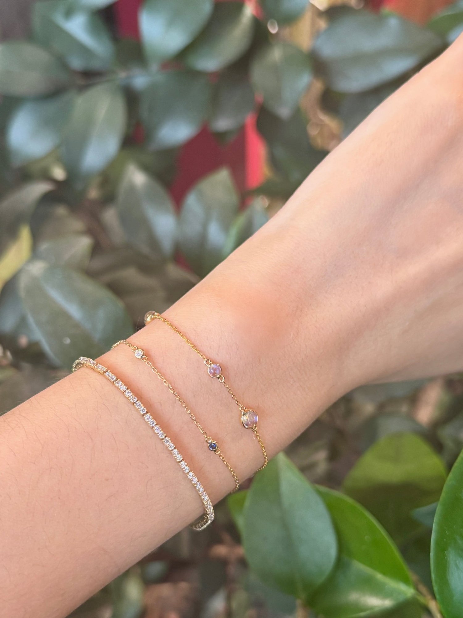 Petite Diamond & Sapphire Dot Bracelet 18k gold stackable design on model