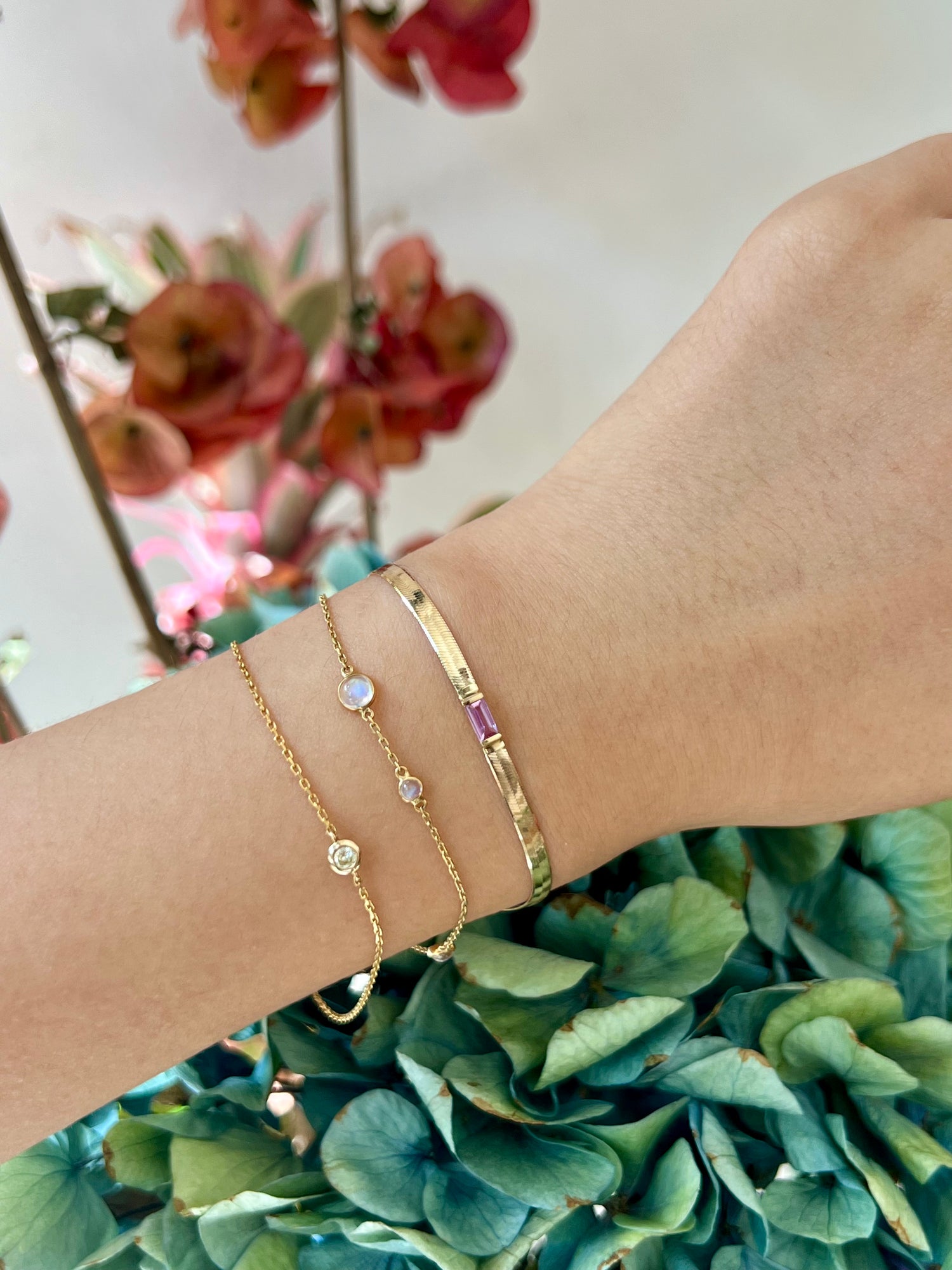 Pink Sapphire Bar Herringbone Bracelet 18k gold Stackable design on model