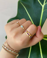 Pink Sapphire Baxter Ring 18k gold Stackable ring on model