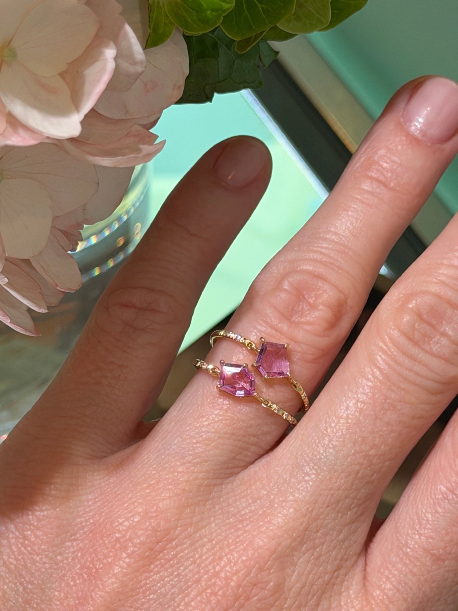 Pink Sapphire Contour Petite Circle Diamond Ring  18K Stackable ring on model