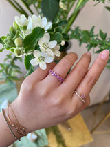 Pink Sapphire Crescendo Ring (Horizontal)  18k gold Stackable ring on model 